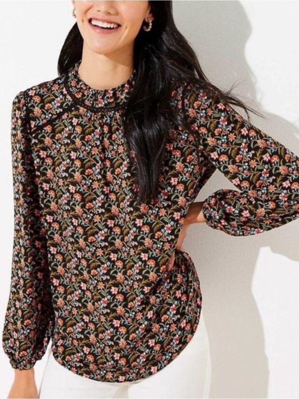 LOFT Black Floral Smocked-Neck Long Sleeve Blouse XL